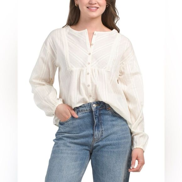 FRYE Marshmallow Ivory Cotton Crochet Lace 3/4 Sleeve Button Front Boho Blouse - Picture 1 of 14